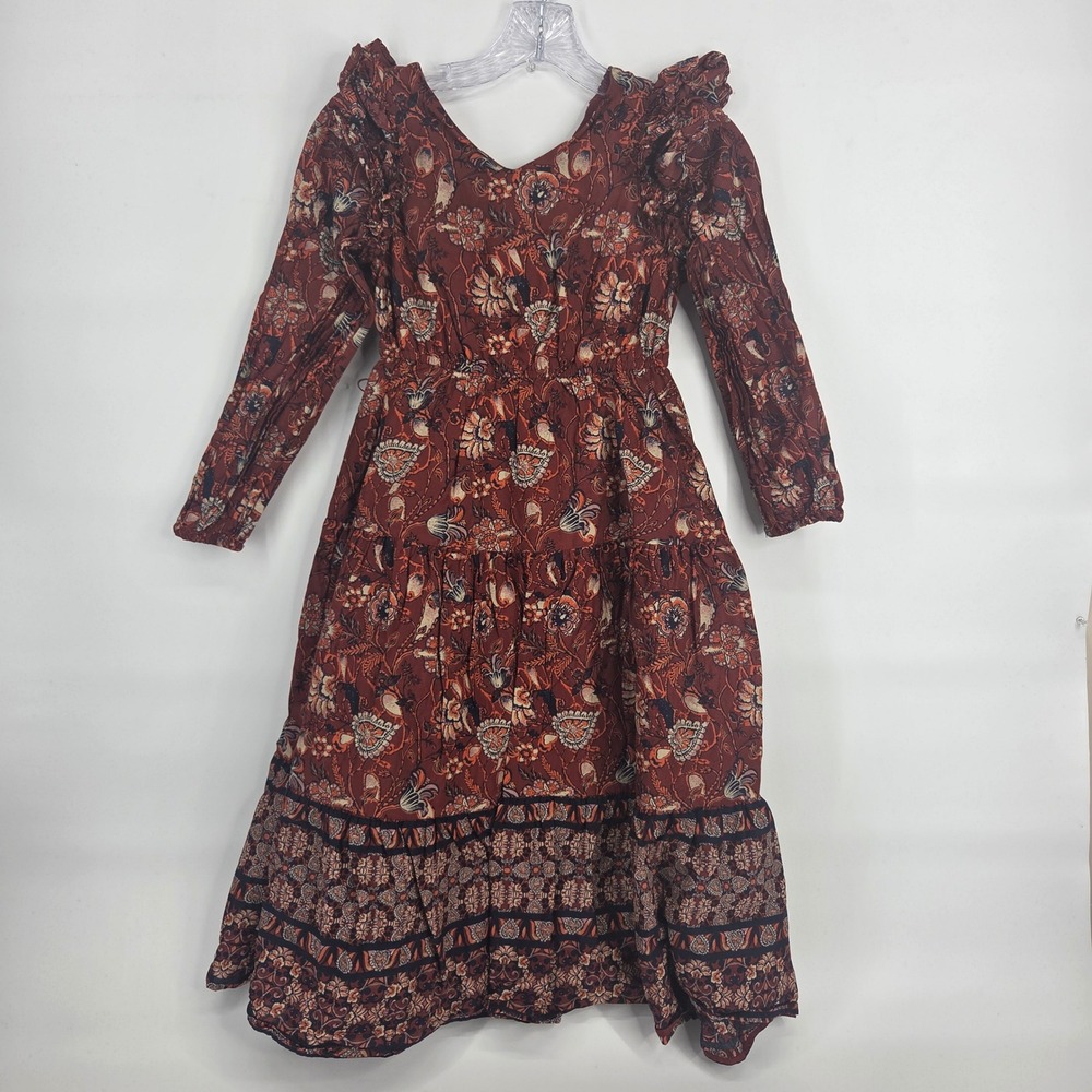 A Loves A Girls Dress Size M Maroon Floral Boho Eclectic Tiered Ruffle Cotton